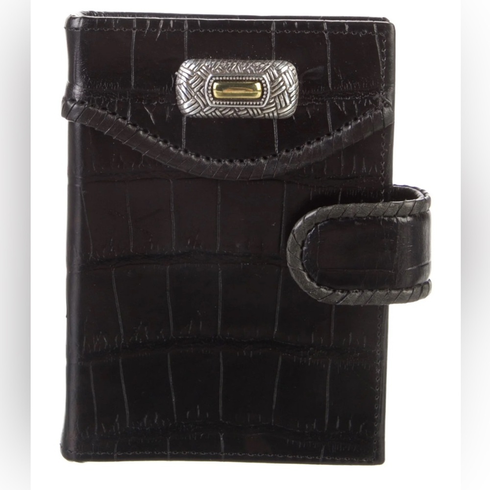 BRIGHTON Wallet Leather Crock Embossed Folio Clutch Bag Silver Hardware Black